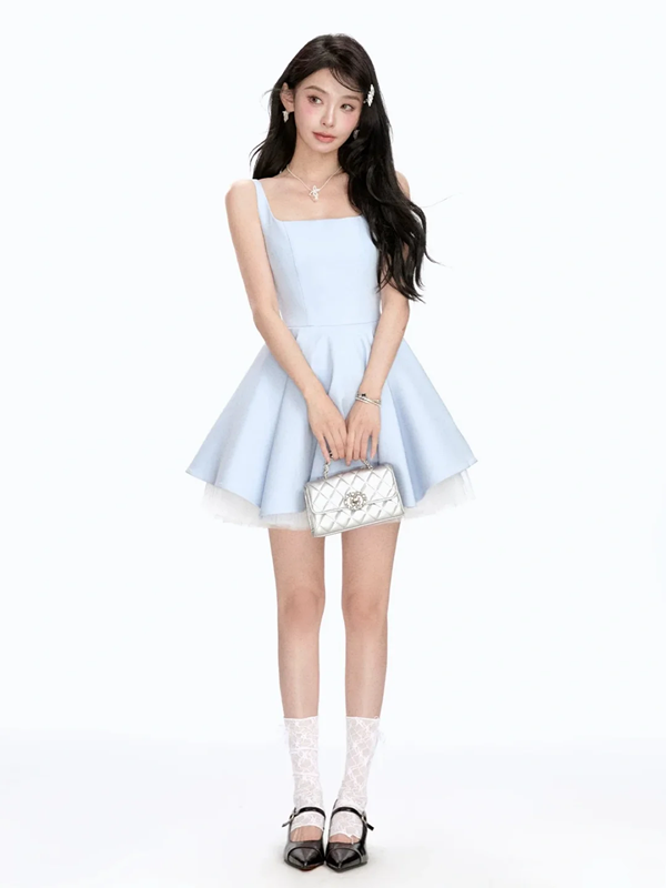 Light blue suspender waist slim fit A-line princess skirt homecoming dress R5283