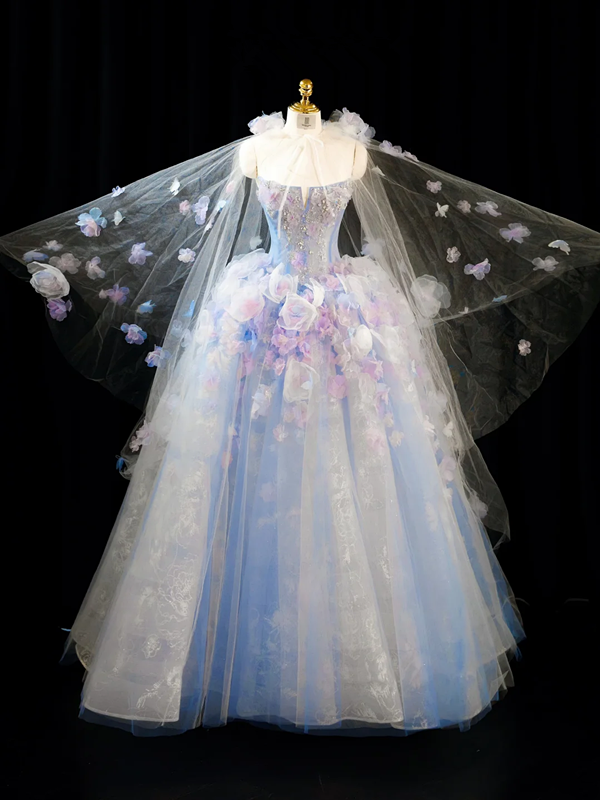 Light blue strapless, fitted waist, full skirt, long ball gown R8939