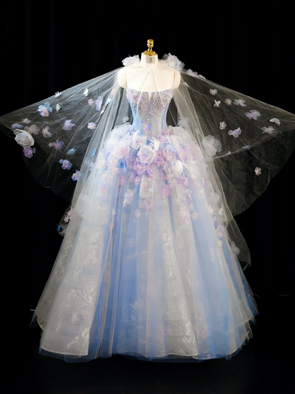 Light blue strapless, fitted waist, full skirt, long ball gown R8939