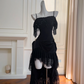 Black suspender tassel neckline design waist slim irregular skirt short skirt homecoming dress R5202