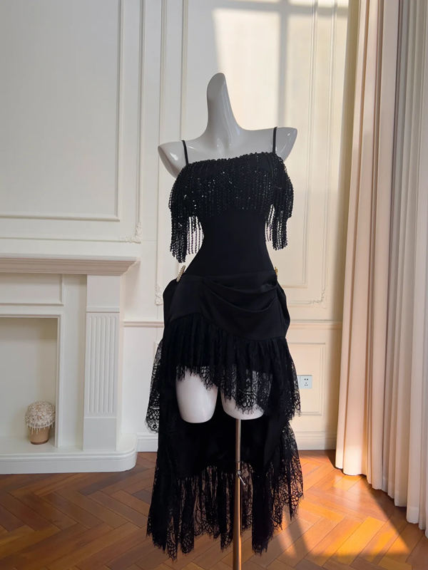 Black suspender tassel neckline design waist slim irregular skirt short skirt homecoming dress R5202