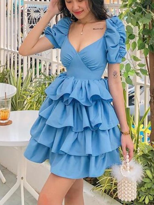 Dreamy Ruffled Satin Women's Homecoming Dress Baby Blue Corset Short Prom Dress Party Dress RS2733