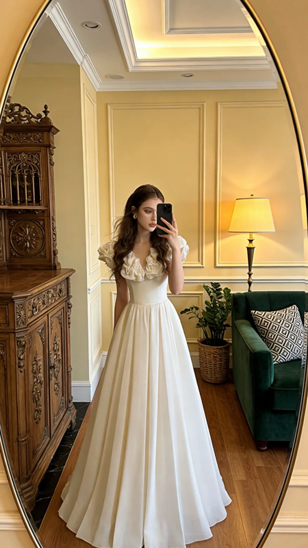 White floral V-neck dress with a fitted waist and pleated skirt, long ball gown/bridal gown R8575