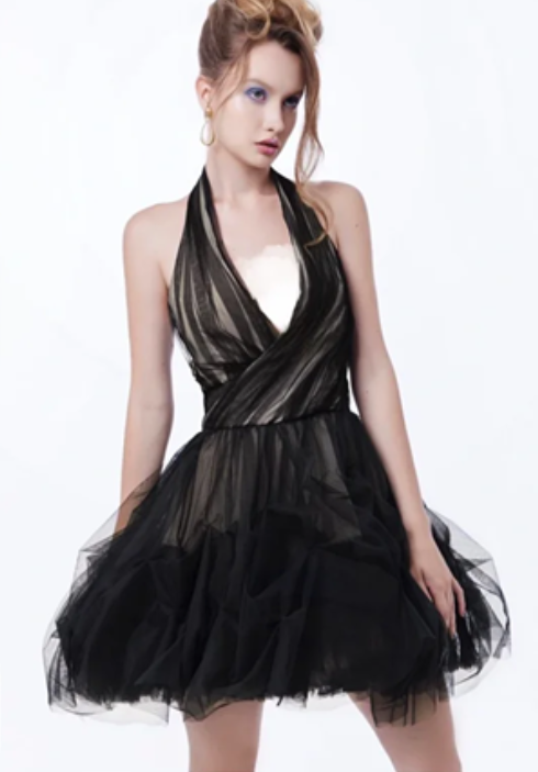 Black halterneck low-cut sexy puffy tulle short skirt homecoming dress R4654