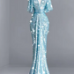 Light Blue Spaghetti-Strap Waist-Cinched Slim-Fit Bodycon Long Ball Gown R7151
