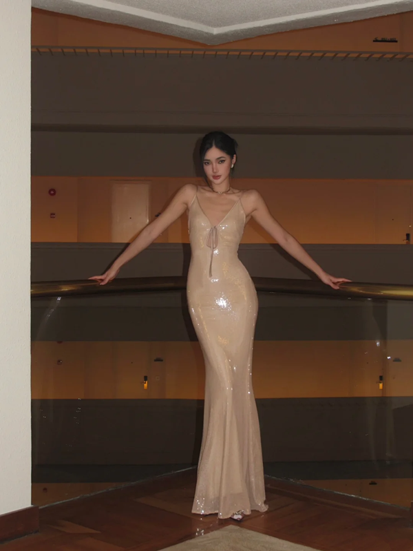 Apricot Spaghetti Strap Sequin-Embellished Waist-Cinched Fitted Sexy Floor-Length Prom Dress R7112