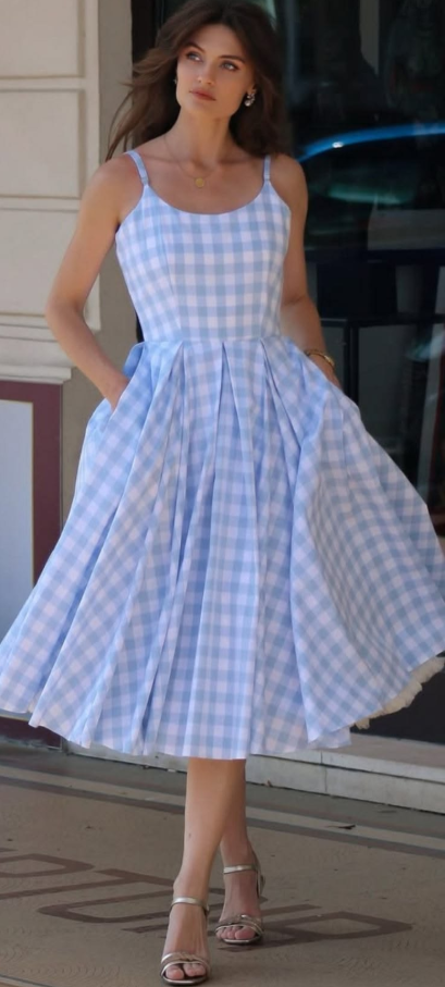 Plaid Puffy Corset Prom Gown , Pale Blue Gentle Women's Maxi Casual Dress RS2538