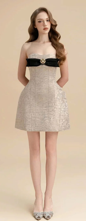 Light grey tube top bow design slim waist A-line skirt short skirt homecoming dress R4858