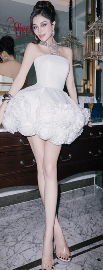 White tube top waist elegant temperament three-dimensional flower high-end short skirt homecoming dress R4693