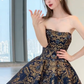 Retro blue short skirt with gold print waist and slimming fluffy skirt for homecoming dress R4210