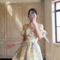 Apricot Strapless One-Shoulder Floral Print Slim Waist A-Line Short Skirt Homecoming Dress R5602