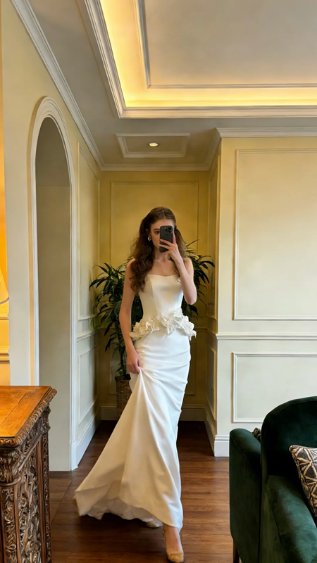 White strapless fitted long ball gown R8700