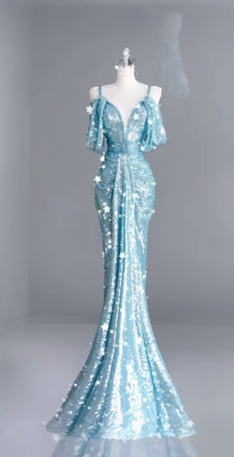 Light Blue Spaghetti-Strap Waist-Cinched Slim-Fit Bodycon Long Ball Gown R7151