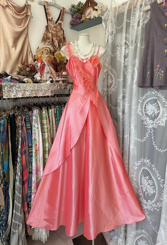 Pink satin halter-neck fitted A-line maxi dress, ball gown R6313