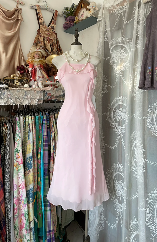 Pink halter-neck fitted midi dress, ball gown R6273