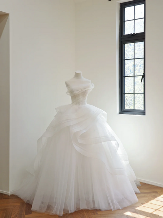 White strapless, fitted waist, full skirt, long ball gown, bridal dress R8508