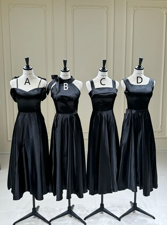 Black satin waist-cinched, figure-flattering ball gown, bridesmaid dress R5954