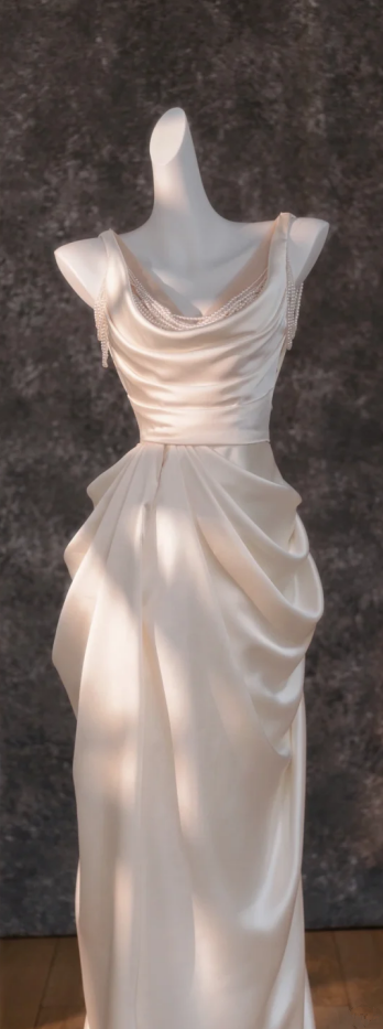 White suspender satin waist slim pleated hip maxi bridal dress R5796