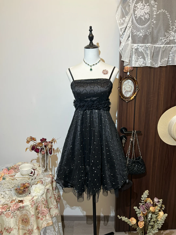 Black suspenders waist slim fit short skirt homecoming dress R4331