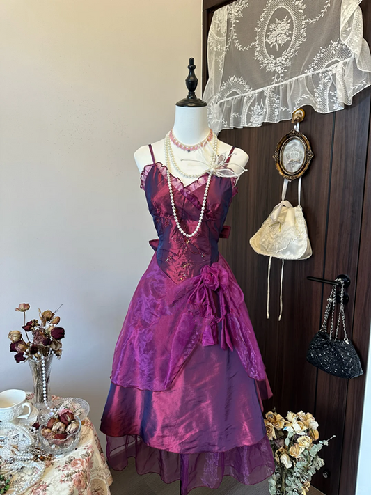 Dark purple suspenders, slim waist, slimming, A-line, charming short skirt, homecoming dress R4249