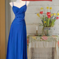 Blue halter-neck satin pleated fitted long ball gown R6234