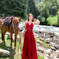 Red long v-neck off-shoulder waist halter dress summer French temperament sexy skirt R4579