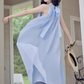 French blue halter neck dress new style holiday style waist beautiful fairy dress R2402