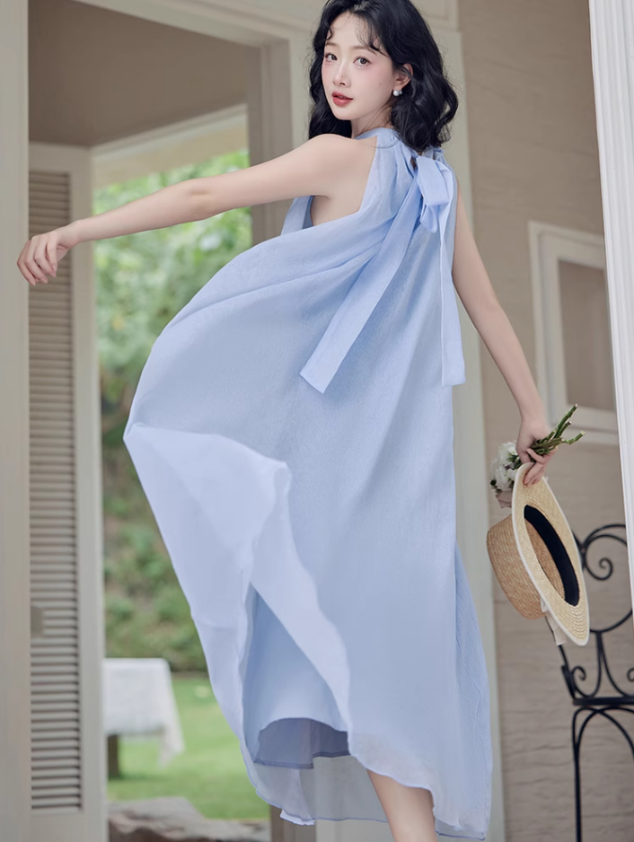 French blue halter neck dress new style holiday style waist beautiful fairy dress R2402