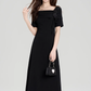 French Hepburn style square collar temperament dress waist slimming little black dress R2401