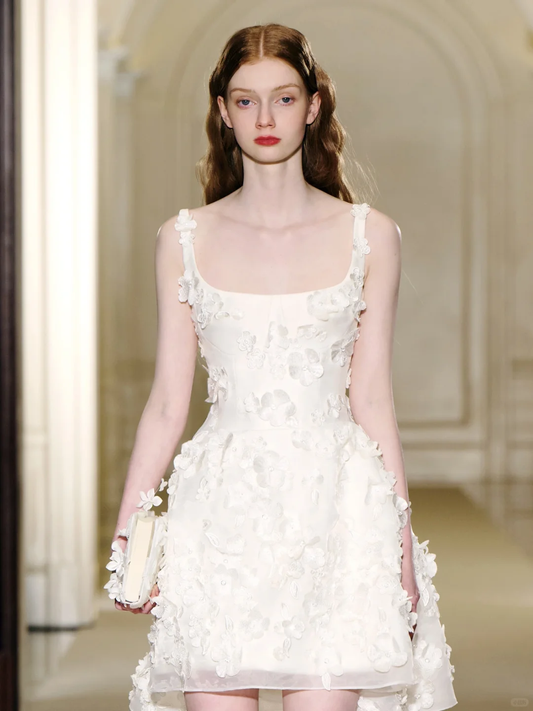 White suspender waist slim fit three-dimensional flower design short skirt homecoming dress R4174