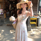 Pink long printed waist fishtail suspender dress for women summer French style slim temperament skirt R4821