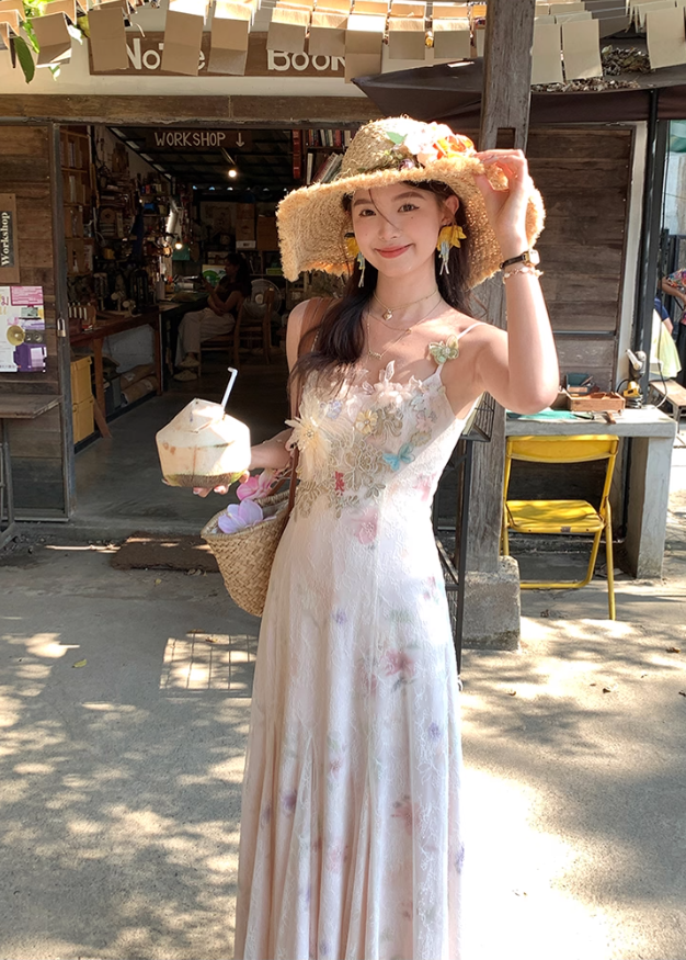 Pink long printed waist fishtail suspender dress for women summer French style slim temperament skirt R4821