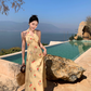 Gentle temperament halter neck floral dress beautiful waist backless A-line long skirt R0740