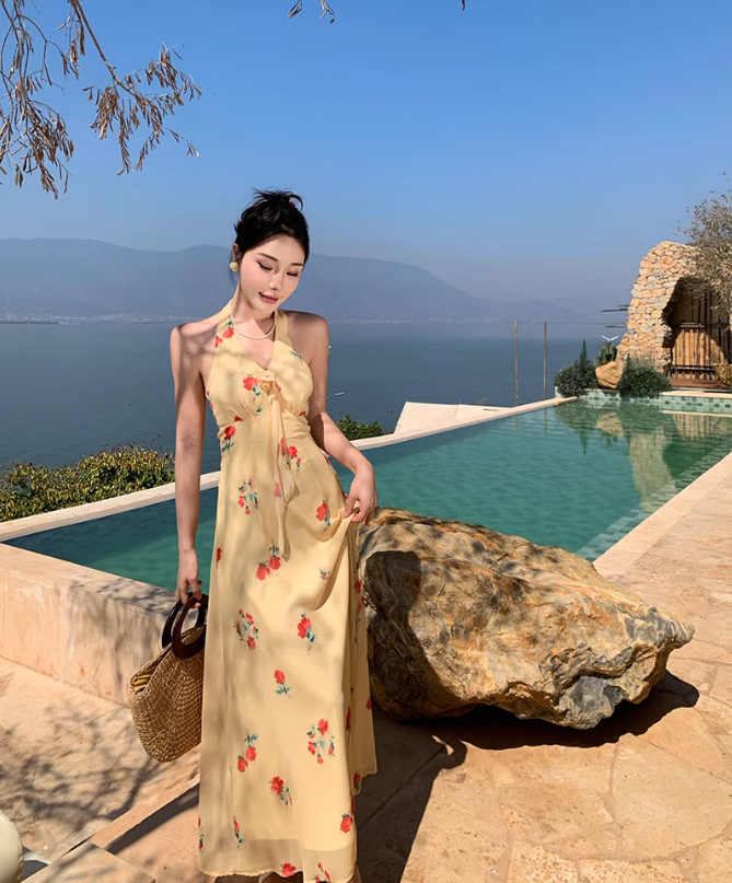 Gentle temperament halter neck floral dress beautiful waist backless A-line long skirt R0740