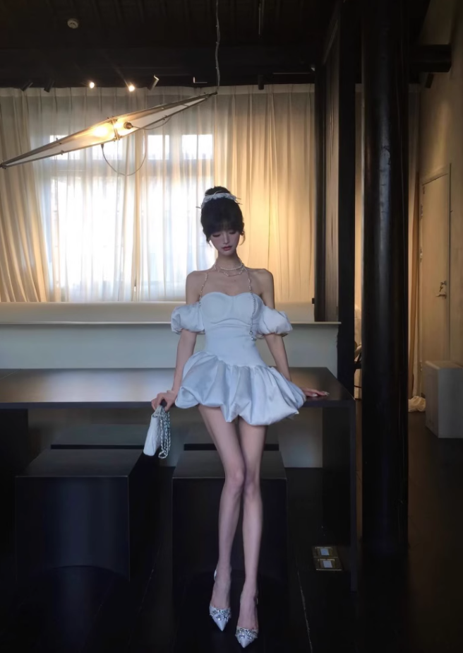 Satin puffy skirt French temperament pure desire style dress retro one shoulder white strapless short skirt homecoming dress R2999