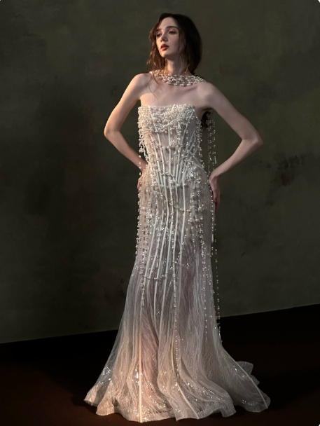 French Chic Sequin Beaded Mermaid Strapless Bodycon Maxi Prom Dress Evening Dress RS412