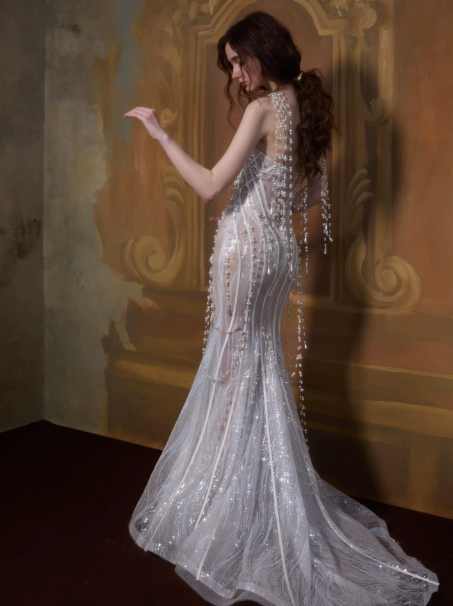French Chic Sequin Beaded Mermaid Strapless Bodycon Maxi Prom Dress Evening Dress RS412