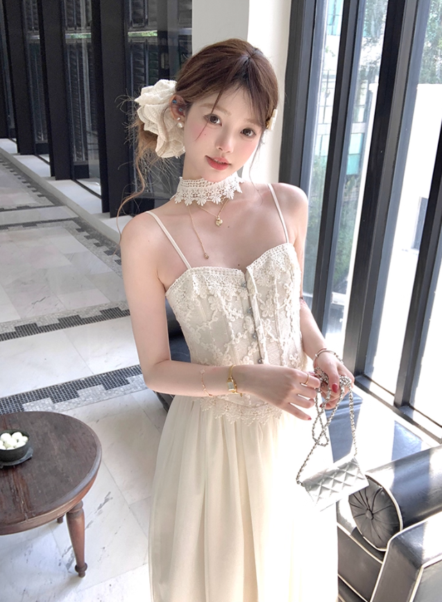 Long Apricot Lace Corset Fishbone French Suspender Skirt Summer Dress R4944