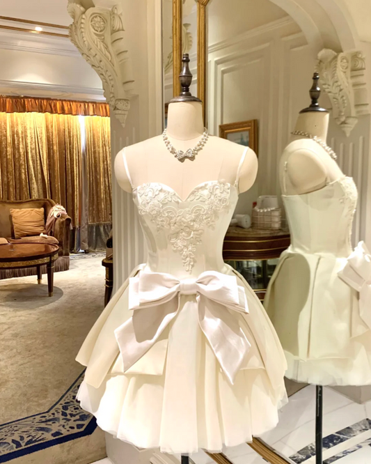 White suspender lace waist slim satin A-line skirt homecoming dress R4153