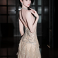 French Chic Champagne Glitter Mermaid Halter Asymmetrical Hem Bodycon Maxi Prom Dress Evening Dress RS414