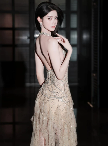 French Chic Champagne Glitter Mermaid Halter Asymmetrical Hem Bodycon Maxi Prom Dress Evening Dress RS414