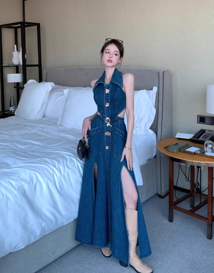 Retro sister style high-end long slim lapel denim skirt hot girl sexy waist sleeveless vest dress R0414