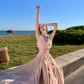 Ruffled V-neck halter dress beautiful waist A-line long skirt R0566