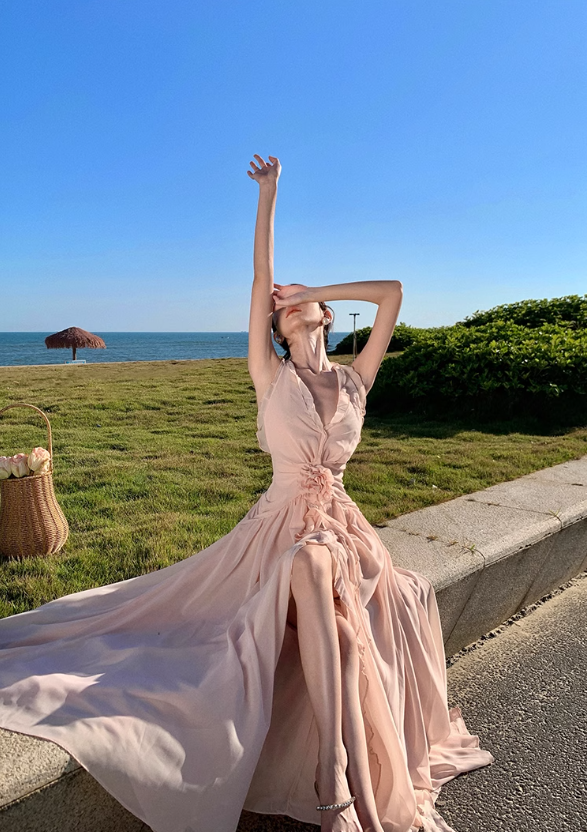 Ruffled V-neck halter dress beautiful waist A-line long skirt R0566