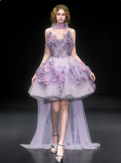 Dreamy Purple Floral A-Line Sweetheart Applique Corset Mini Evening Dress Homecoming Dress RS391