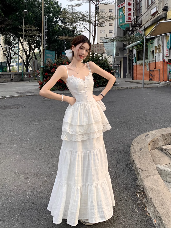 Fairy temperament unique beautiful white sling dress skirt two-piece suit R1730