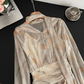 Long-sleeved V-neck puff sleeve chiffon yellow floral dress two-piece waisted short skirt R2106