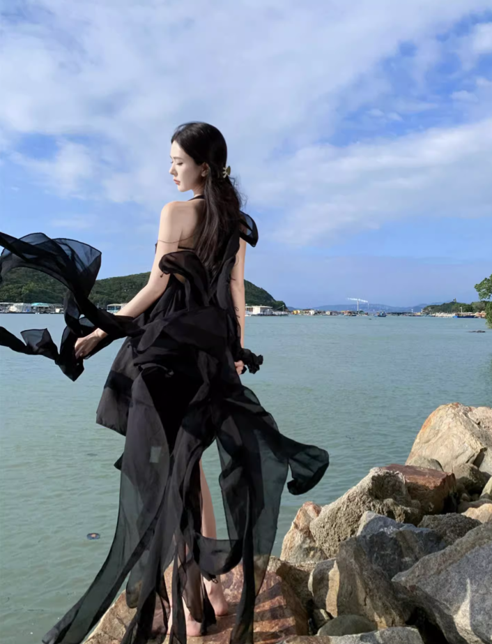 Black sexy tube top long skirt elegant and fairy irregular hem halter neck backless beach dress R1618