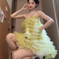 Yellow mesh suspender dress 2025 new gentle sweet style a-line short skirt R0807