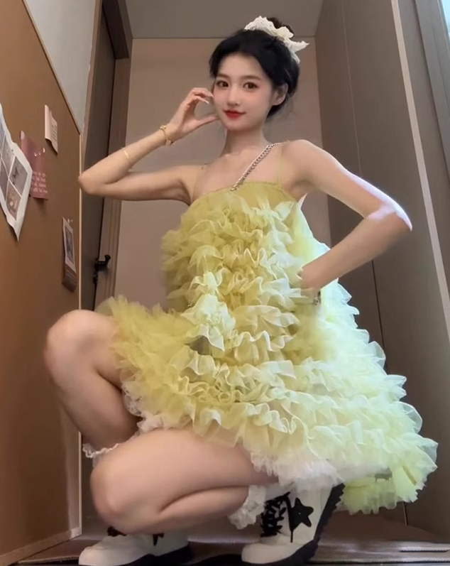 Yellow mesh suspender dress 2025 new gentle sweet style a-line short skirt R0807